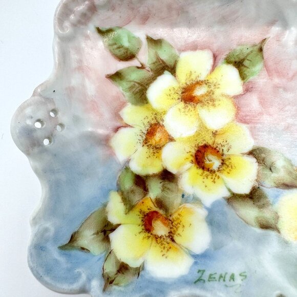 Hand Painted Vintage Yellow FlowerTrinket Tray Signed By Zenas 1940s - Picture 8 of 9